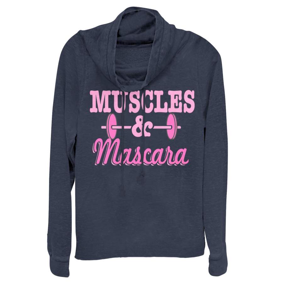 CHIN UP Junior’s Barbell Muscles and Mascara Cowl Neck Sweatshirt