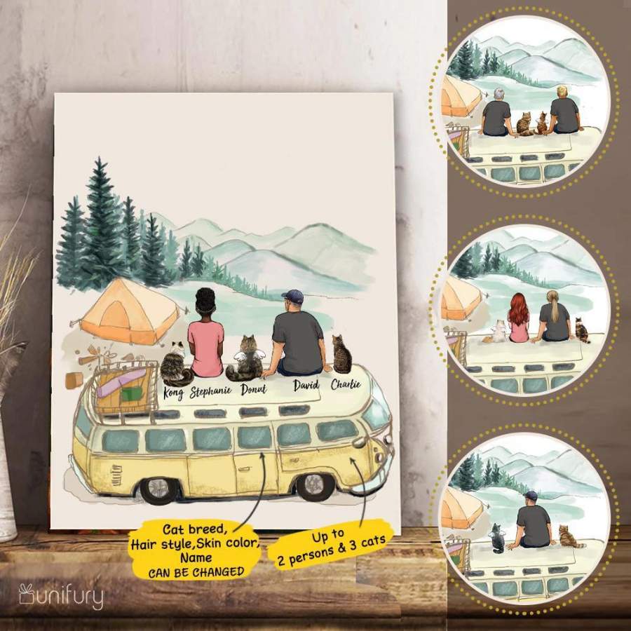 Personalized custom cat & couple canvas print gift for cat mom dad lover owner – Camping – 2418