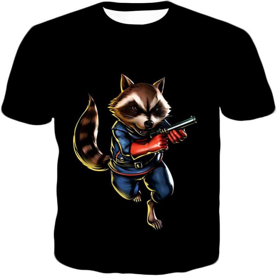 Super Intelligent Fur Animal Rocket Raccoon Action Black T-Shirt GOG071