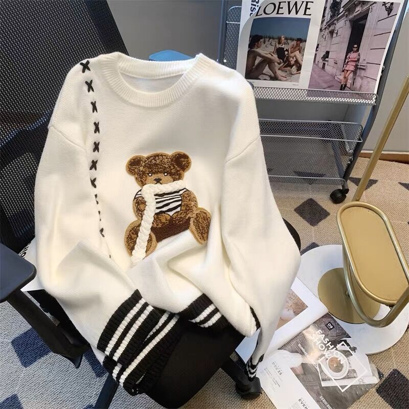 2023 New Women Pullovers Winter Jumpers Knitwear Cute Bear Sweater Knitted Harajuku Round Collar Loose Pullovers Oversized Teens alx