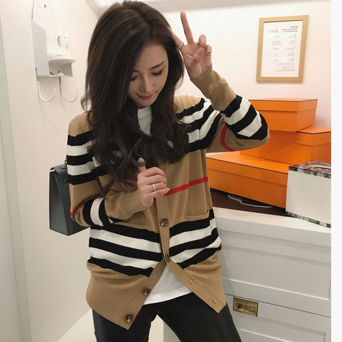 V-neck loose striped sweater thin ladies trench coat Women’s sweater women’s jacket cashmere cardigan mid-length knitted jacket alx