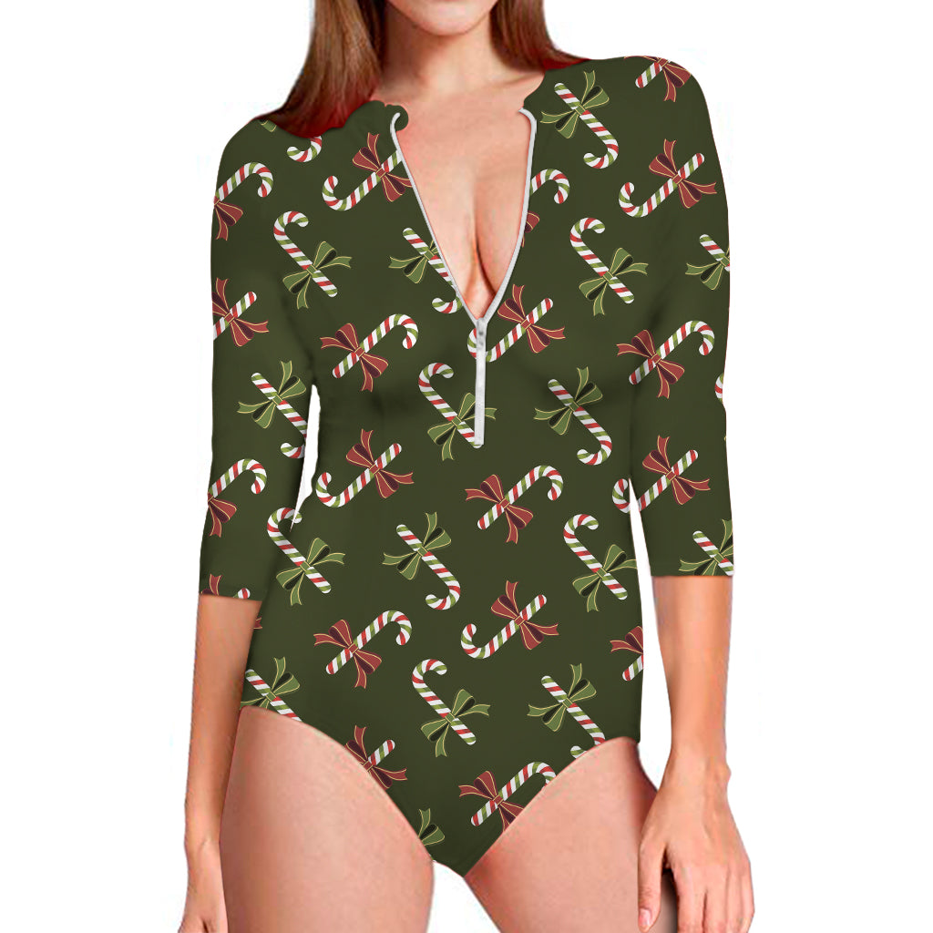 Xmas Candy Cane Pattern Print Long Sleeve One Piece Swimsuit