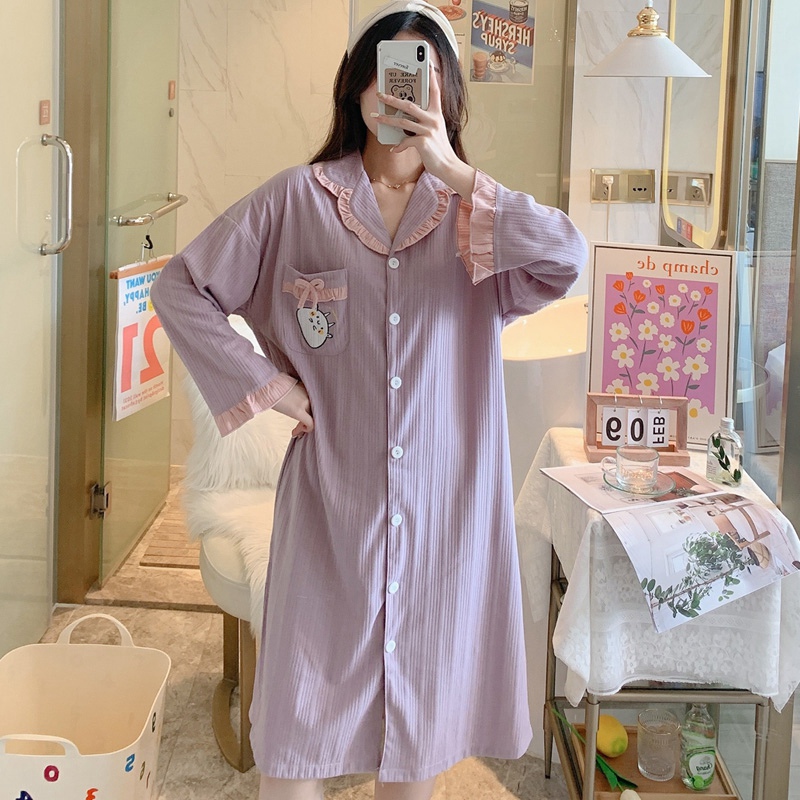 2022 New Autumn Cotton Long Sleeve Nightgowns for Women Korean Loose Sleepwear Night Dress Nightdress Homewear Home Dress Nighty alx