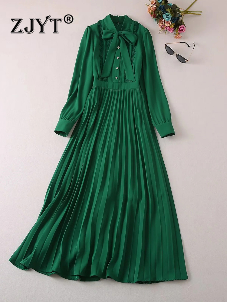 ZJYT Autumn Designer Runway Long Dress Party Evening Elegant Luxury 2022 Bow Collar Maxi Pleated Vestidos Green Full Sleeve Robe alx