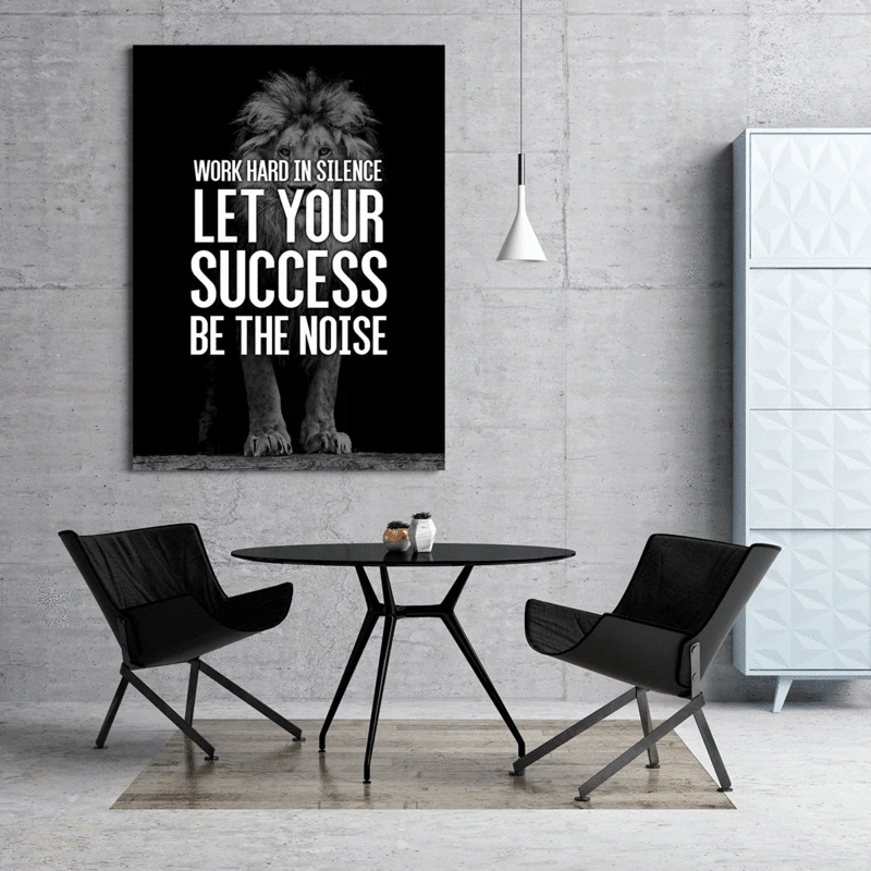 B&W Lion Work Hard In Silence Canvas Wall Art Print