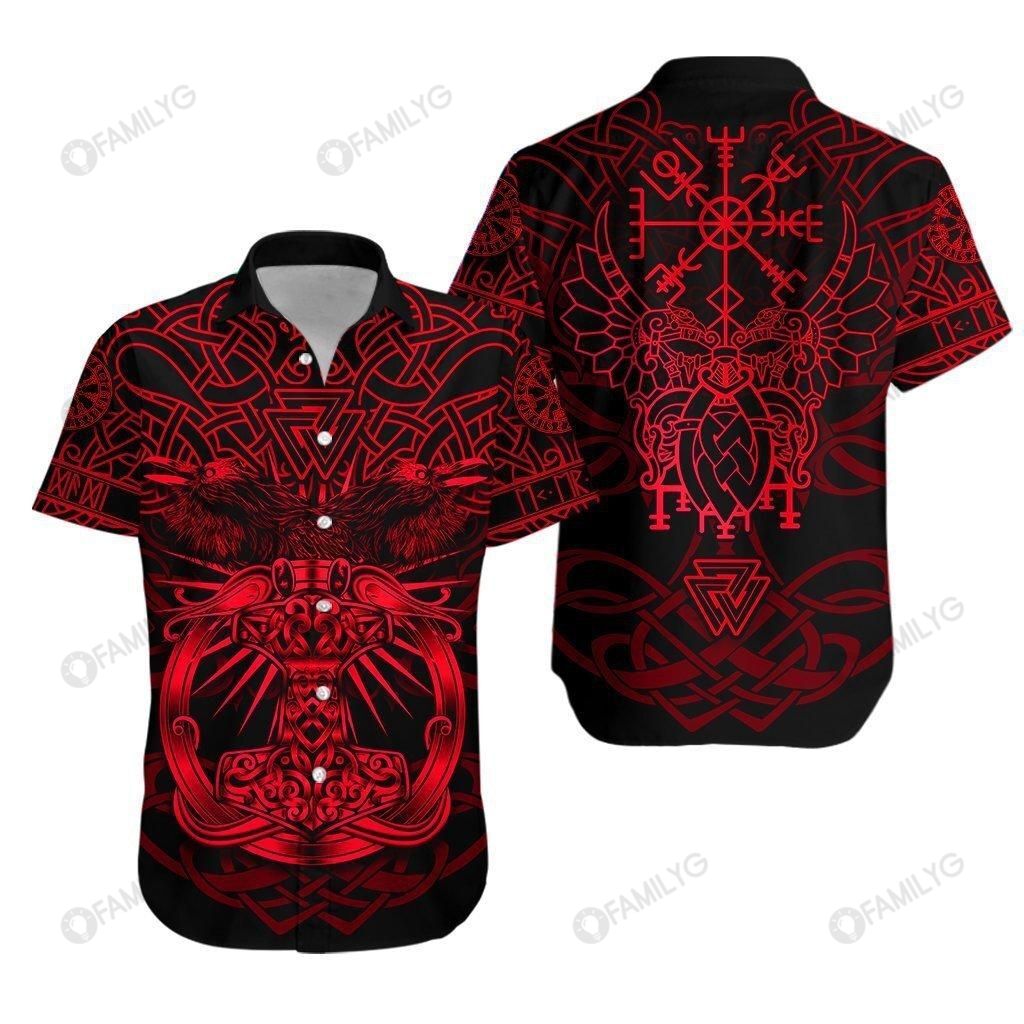 Viking Shirts – Nordic Viking Mjolnir Celtic Raven Version Red – Viking Hawaiian Shirt Summer Hawaiian For Men, Women, Couple