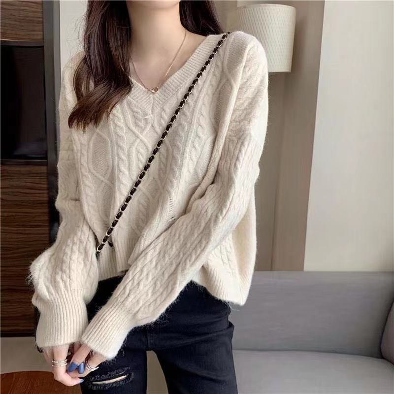 Women Pullovers Hole V-neck Long Sleeve Loose Short Sweater Solid Lazy Gentle Twist Knitting Outwear Korean Chic Clothing New alx