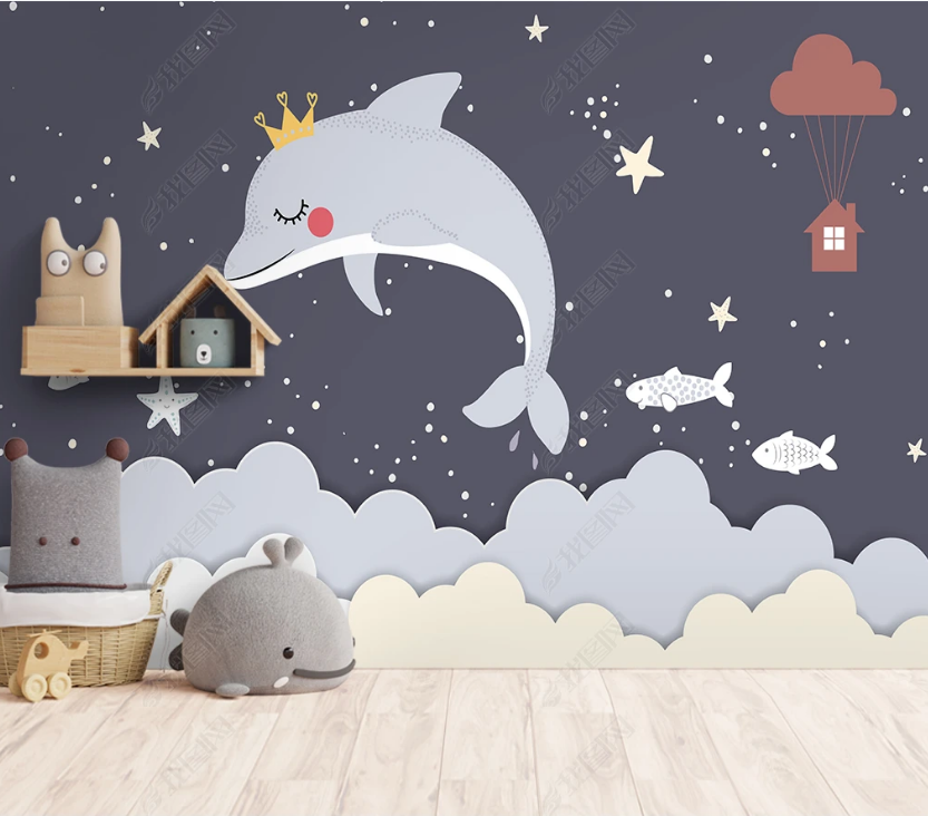 3D Cartoon Cloud Animal Dolphin Wall Mural Wallpaper Lqh 21