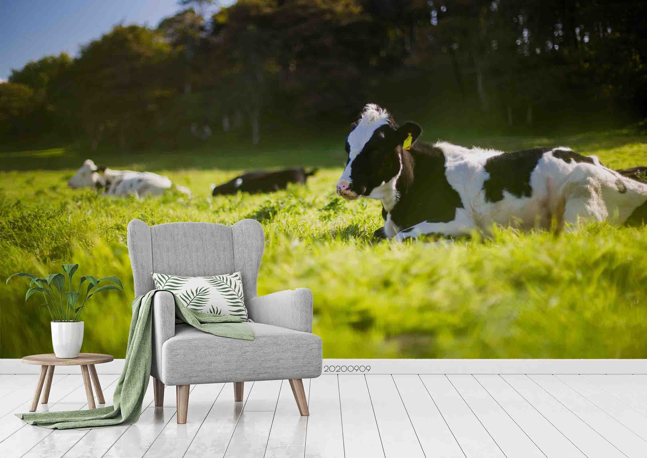 3D Green Tree Grassland Cow Animal Scenery Wall Mural Wallpaper Lxl