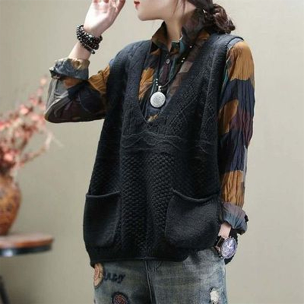 Women Sweater Vest Women’s Artistic Hollow-out Knitted Vest for Spring and Autumn Loose V-neck Pullover plus Size Vest H715 alx