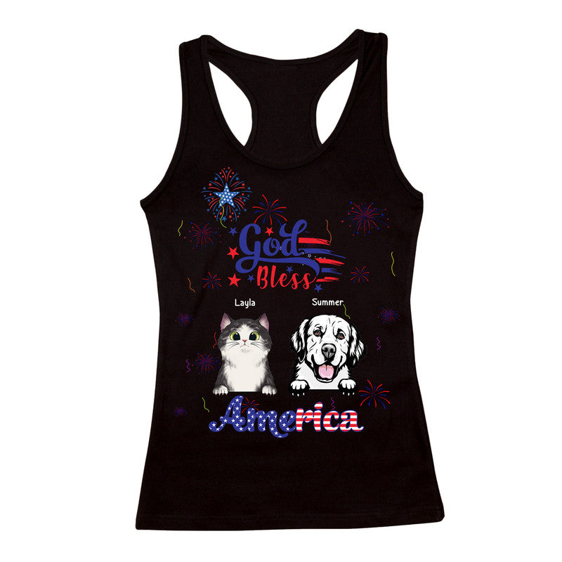 (Custom Personalised) 4Th Of July – God Bless Usa Women Racerback Tank Pets With Fireworks – Black Lt8