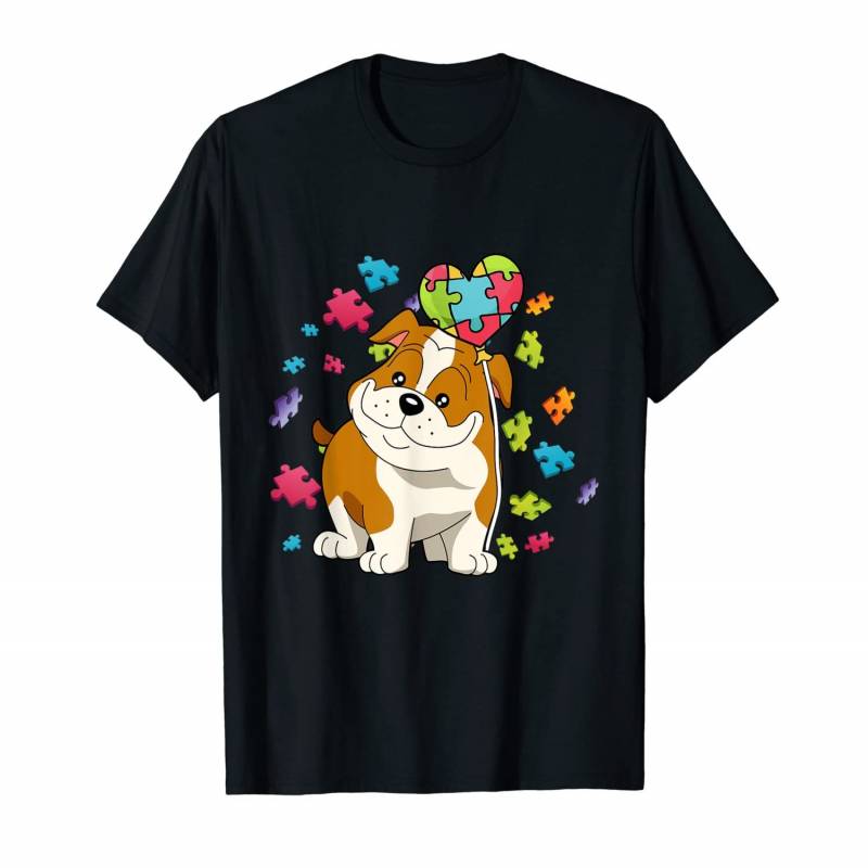 Autism Awareness Bulldog Puppy Color Puzzles Heart Balloons T-shirt