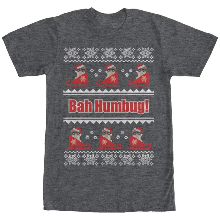 Grumpy Cat Men’s Ugly Christmas Bah Humbug  T Shirt Charcoal Heather