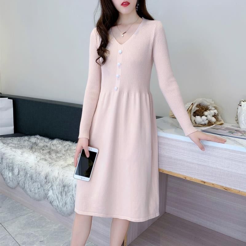 Autumn and Winter New Knitted Dress Pullover V-neck Korean Version Long Bottoming Long-sleeved Sweater Skirt Women’s Clothing alx