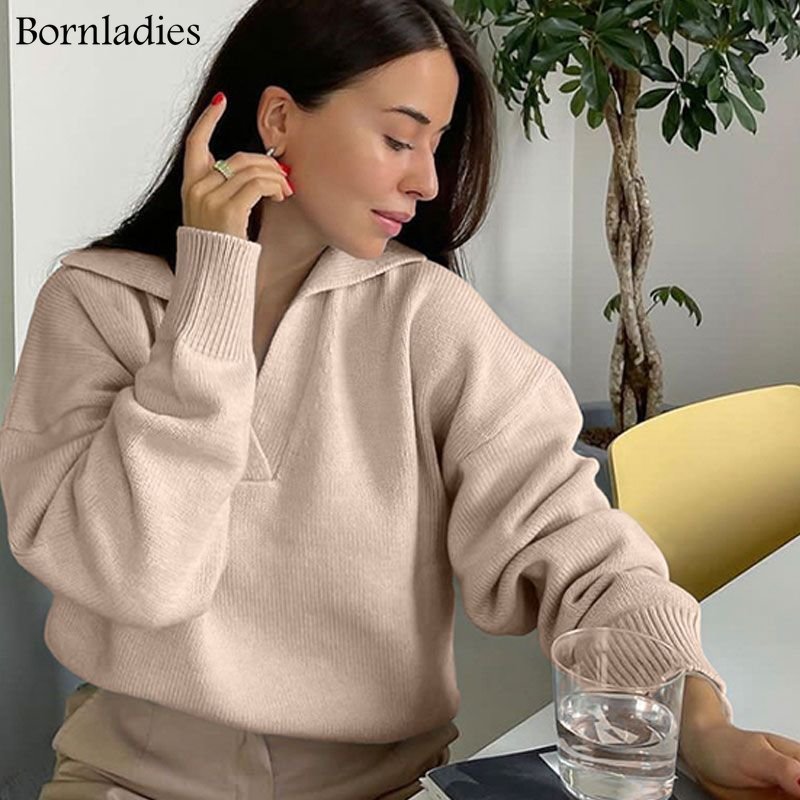 Bornladies Polo Womens Sweater Autumn Winter Thick Warm Long Sleeve Sweaters Woman Pullovers Top Oversized Casual Jersey Pull alx