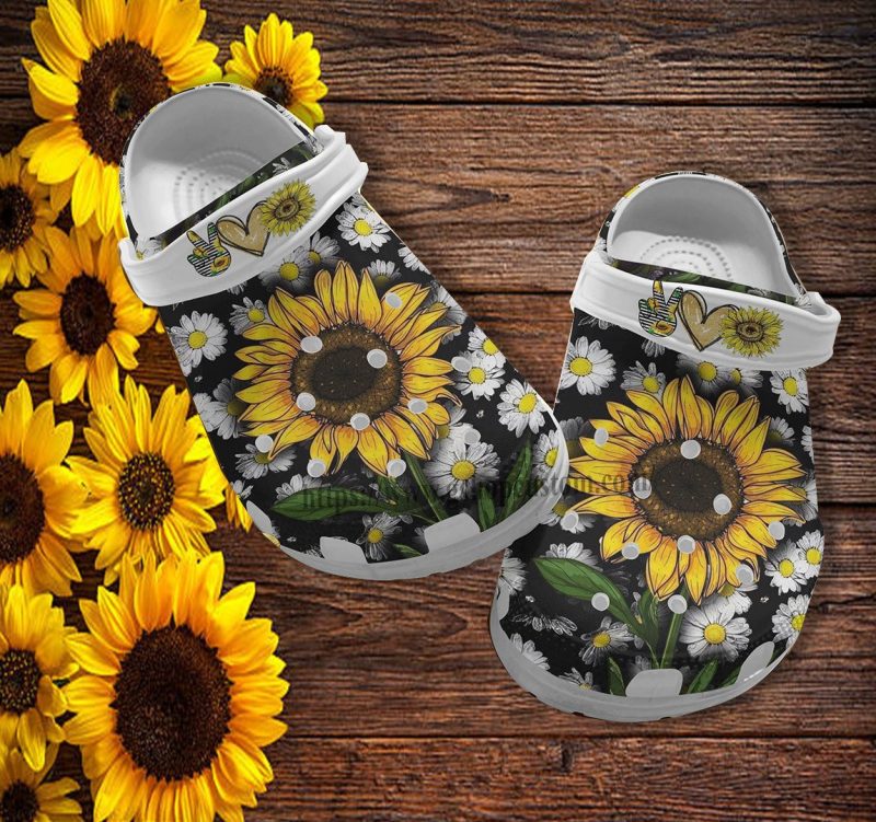 Sunflower Daisy Peace Croc Shoes – Peace Love Sunflower Shoes Croc Clogs Gift Grandaughter