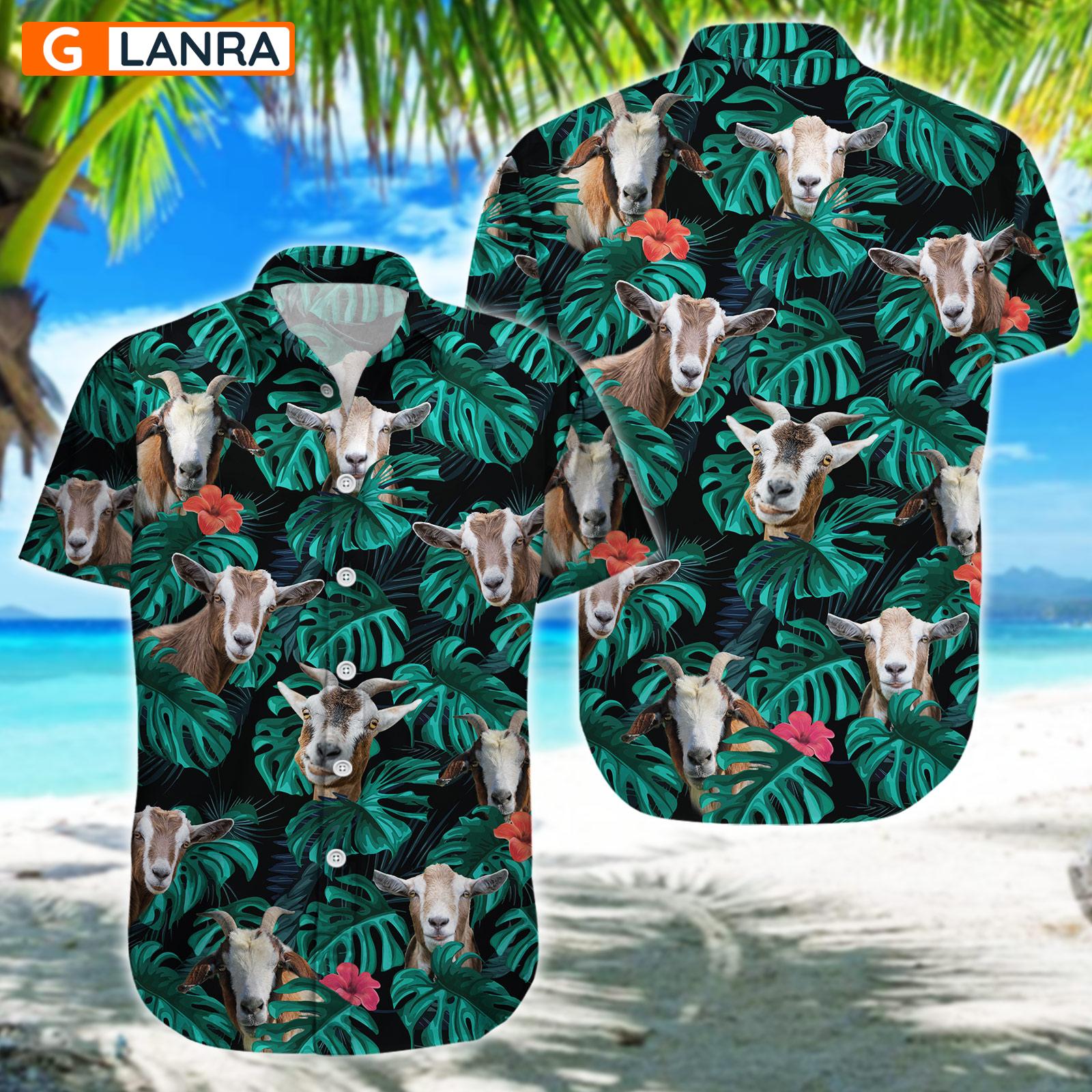 Goat Palm Leaves Flower Button Shirt, Farm Goat Button Shirt, Summer Goat Hawaiian Shirt, Goat Leaf Hawaiian Shirt, Summer Tropical Shirt