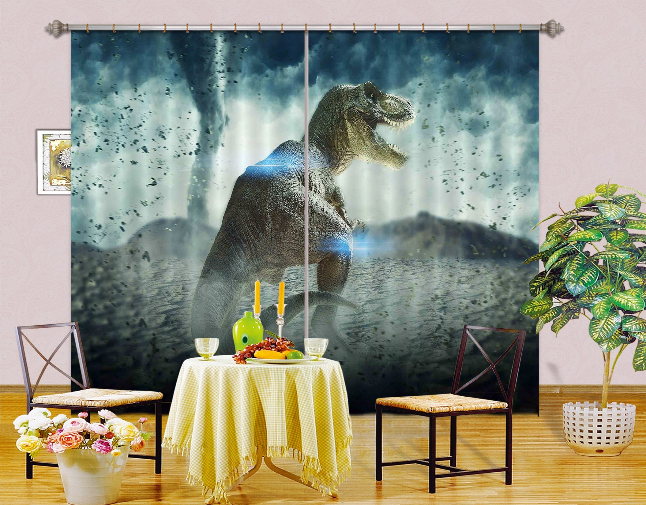 3D Dinosaur With Tornado C032 Blockout Photo Curtain Print Curtains Drapes Fabric Window | 3D Large Photo Curtain, Jess Art Decoration Wallpaper