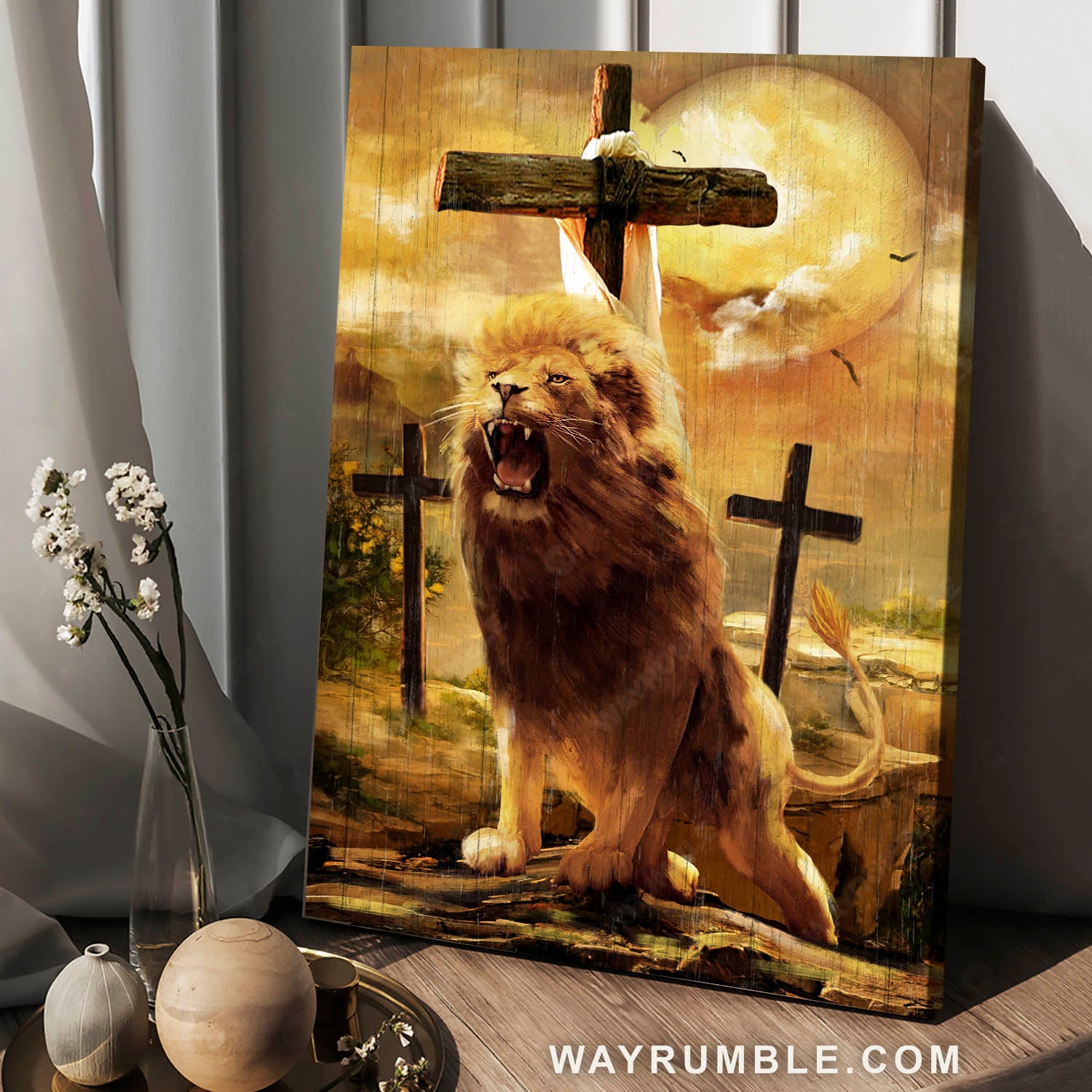 Awesome Lion Drawing, Lion Of Judah, Three Wooden Crosses, Beautiful Full Moon – Jesus Portrait Canvas Prints, Christian Wall Art