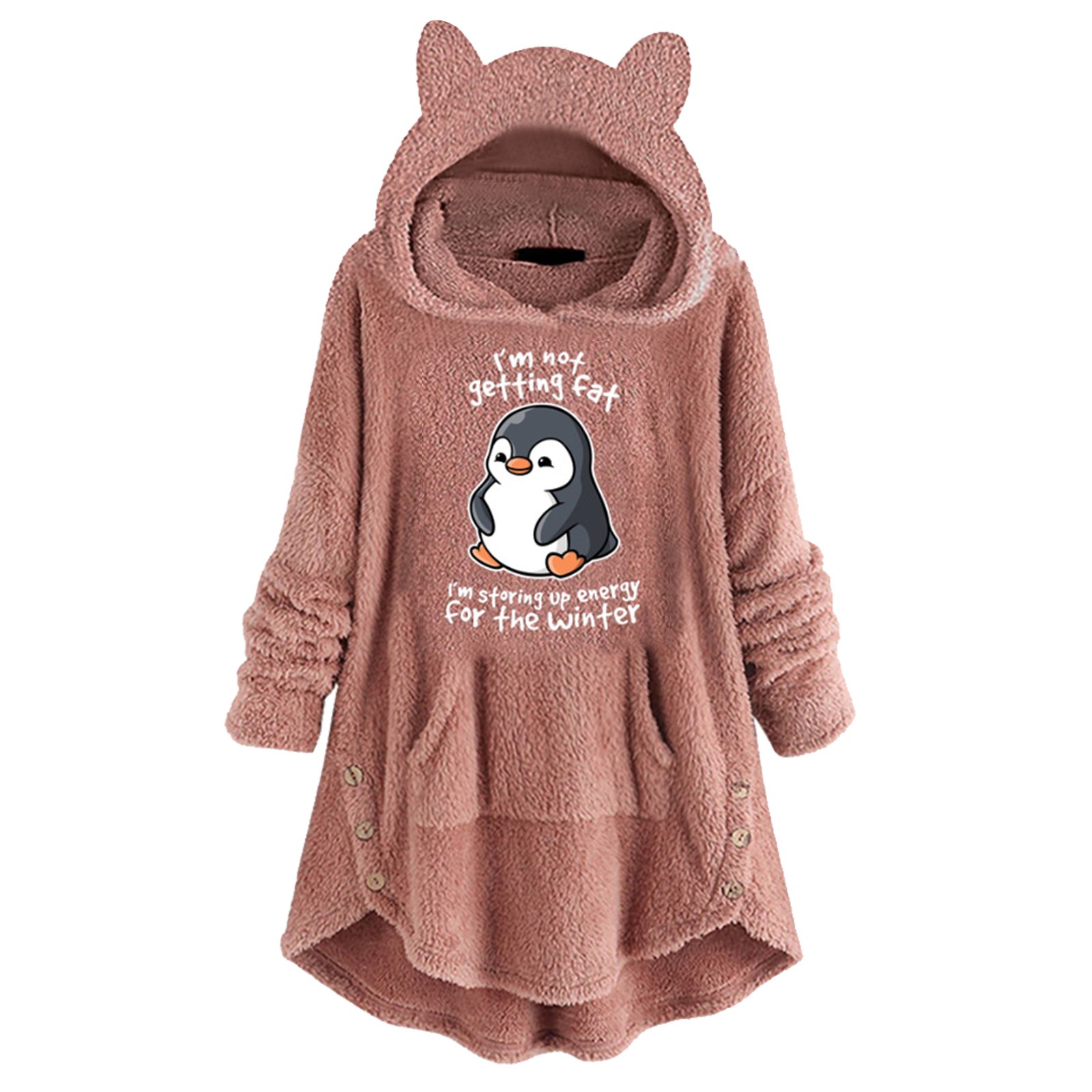 Women Fleece Embroidery Penguin Ear Button Hem Plus Hoodie Cute Sweet Pullover Top Elegant Autumn Funny Daily Thicken Sweatshirt alx