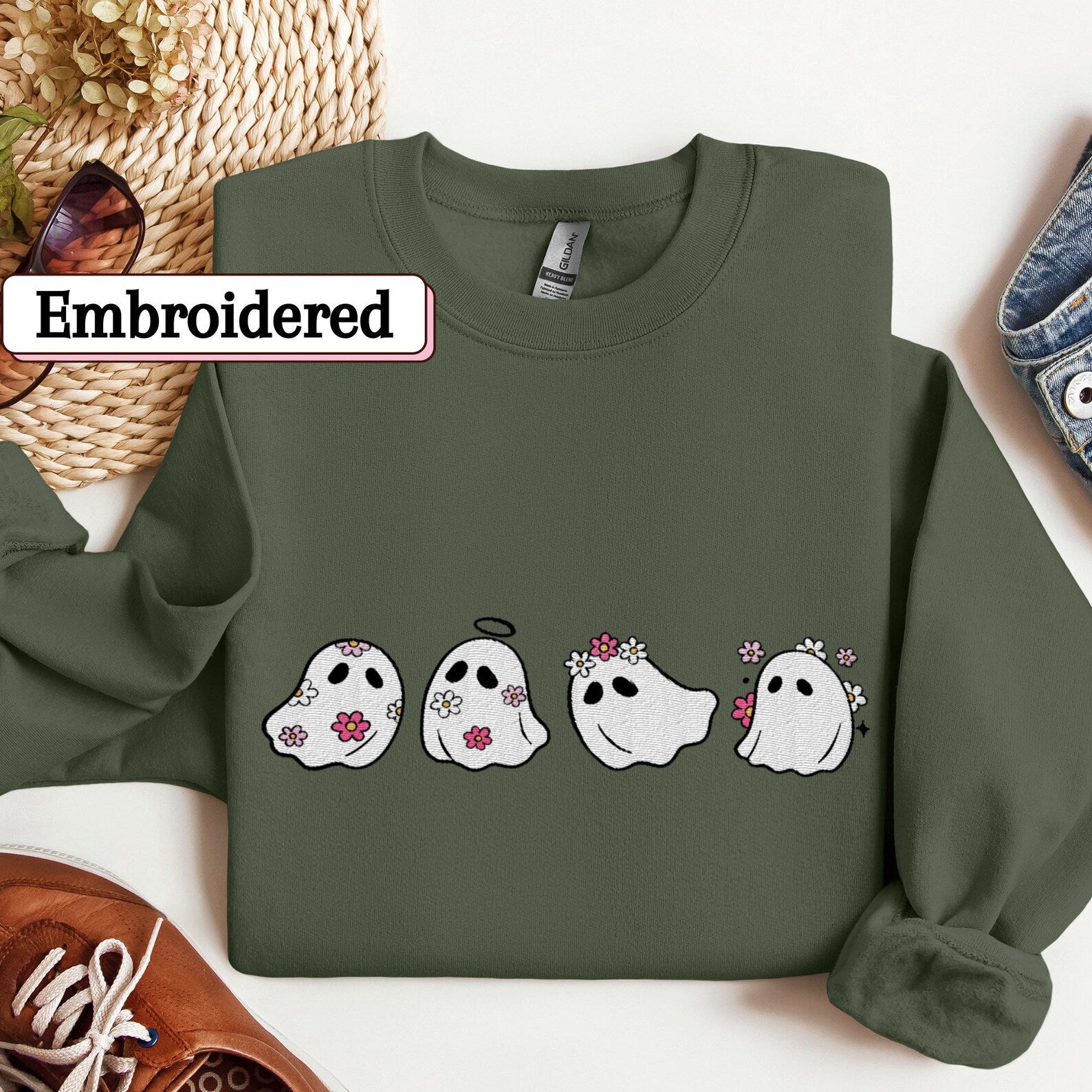 Retro Ghost Embroidered Sweatshirt 2D Crewneck Sweatshirt All Over Print Sweatshirt For Women Sweatshirt For Men Sws4051