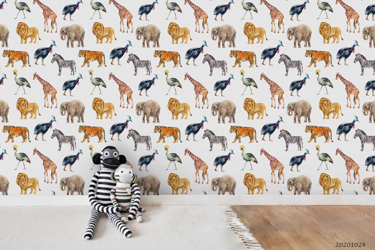 3D Watercolor Giraffe Elephant Zebra Tiger Wall Mural Wallpaper Wj 6845