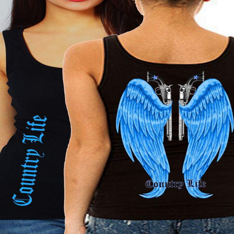 Country Life Outfitters Black & Blue Wings Guns Vintage Girlie Fitted Bright Tank Top Shirt