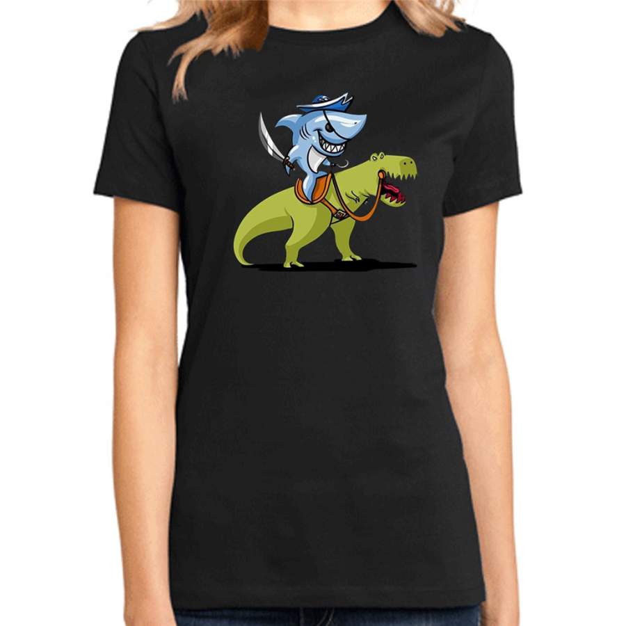 Shark Pirate Riding A T-Rex Dinosaur Funny – District Made Ladies Shirt