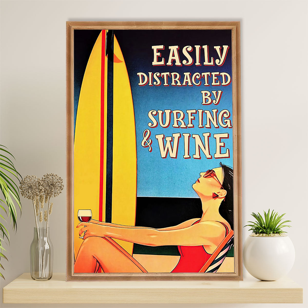 Water Surfing Canvas Wall Art Prints | Girl Distracted By Surfing & Wine | Home Décor Gift For Beach Surfer