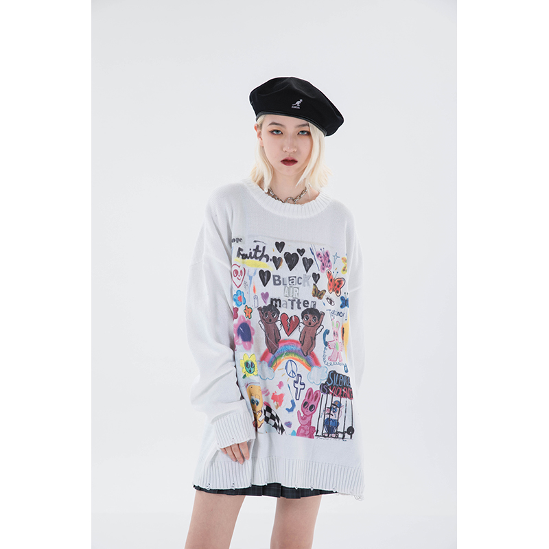 Women Street Harajuku Knitting Sweater Cartoon Graffiti Printing Round Neck Long Sleeves Vintage Casual Baggy Tops Ladies Autumn alx