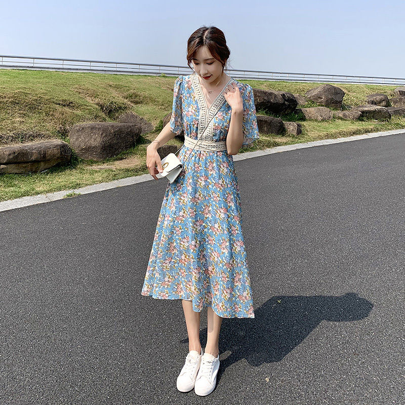 Korean Chiffon Aesthetic 2022 Floral Loose Casual Summer Light Dress Fashion Midi Tunics Women’s Dresses Elegant Blue Vintage alx