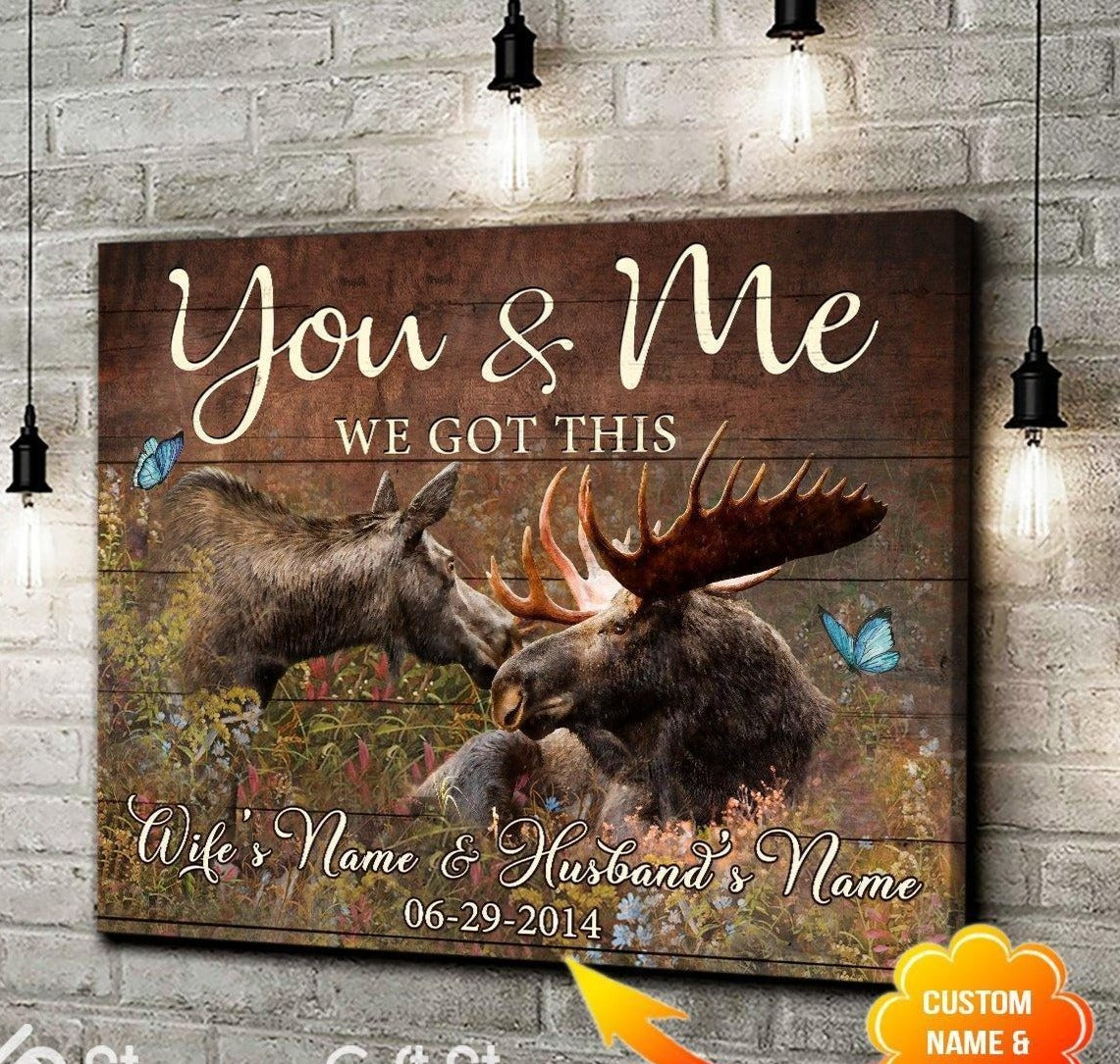 Personalized Name Text Hunting Canvas, Poster Wall Hanging Cow Gift Idea – Moose You And Me We Got