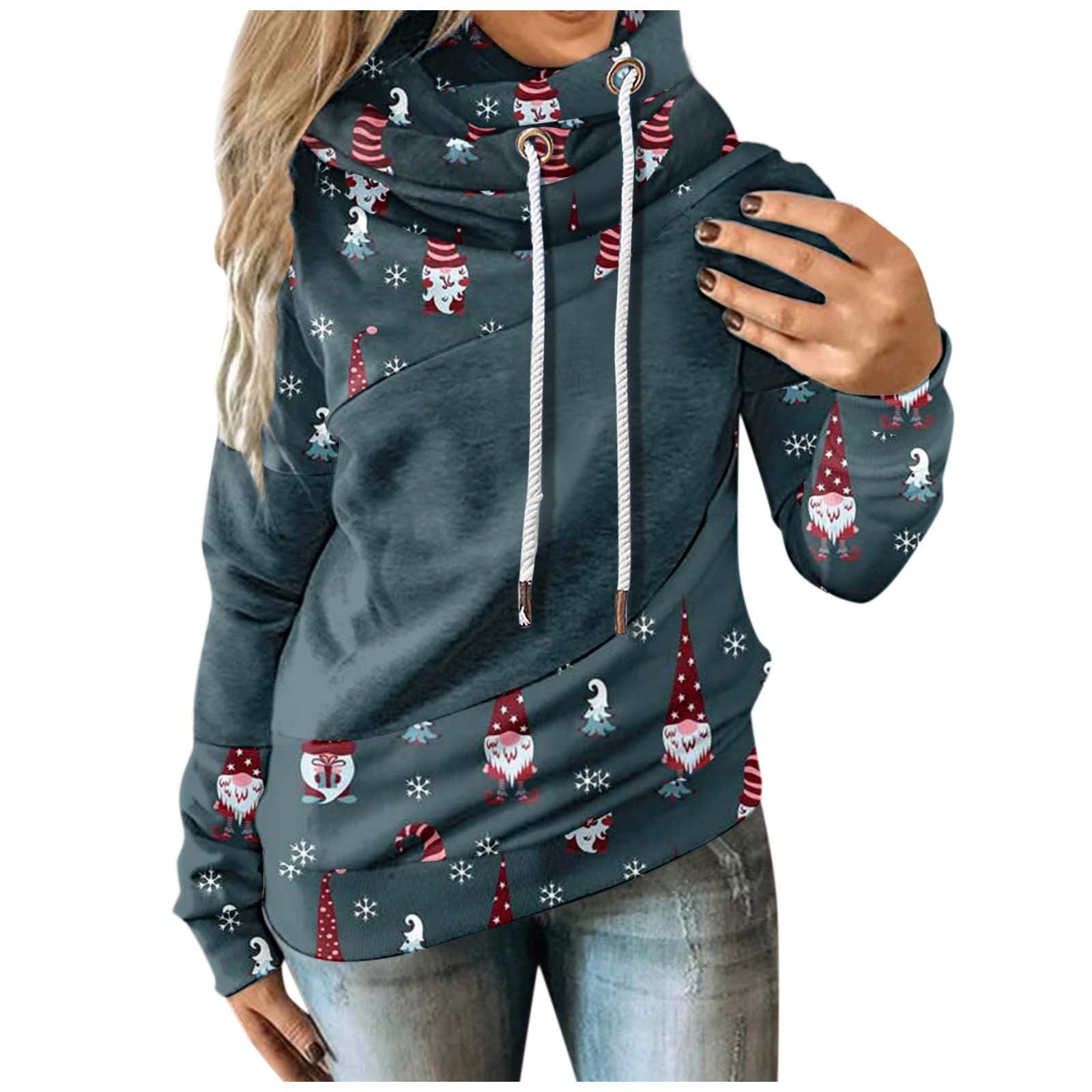 Women’s Faceless Doll Christmas Print Hoodies Turtleneck Winter Warm Sweatshirts Long Sleeve Tunic Hoodies Splicing Pullover alx