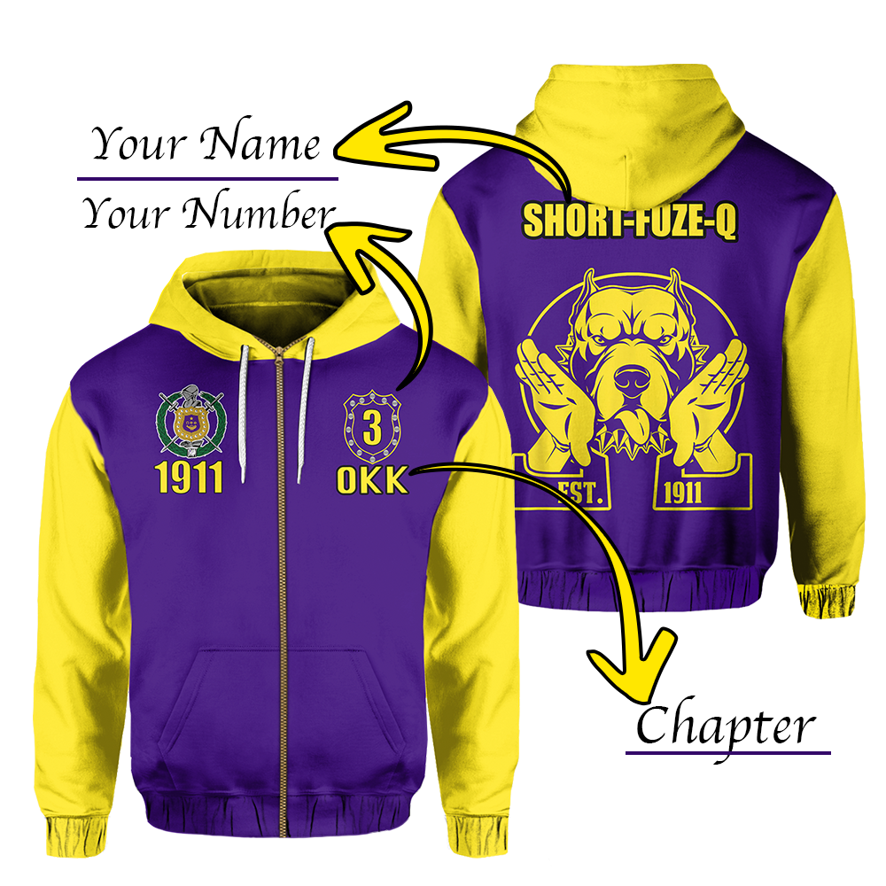 (Custom Personalised) (Short-Fuze-Q) Omega Psi Phi Zip Up Hoodie – Bulldog Crown Psi Hand Sign – Lt20