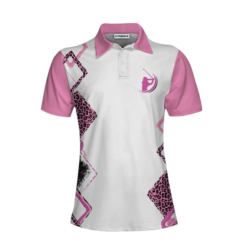 Grip It Rip It Sip It Short Sleeve Women Polo Shirt, Pink Leopard Pattern Golf Shirt For Ladies