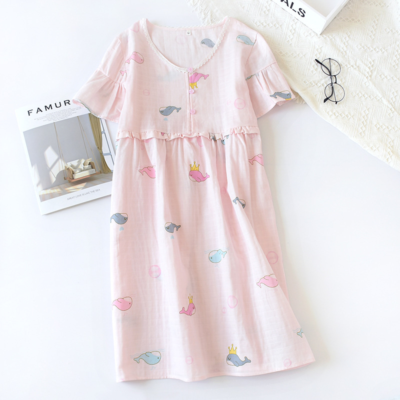 Summer New Gauze Nightgown Little Whale Sexy Sleepwear Cartoon Sleeping Dress 100% Cotton Lovely Girl Comfortable Home Skirt alx