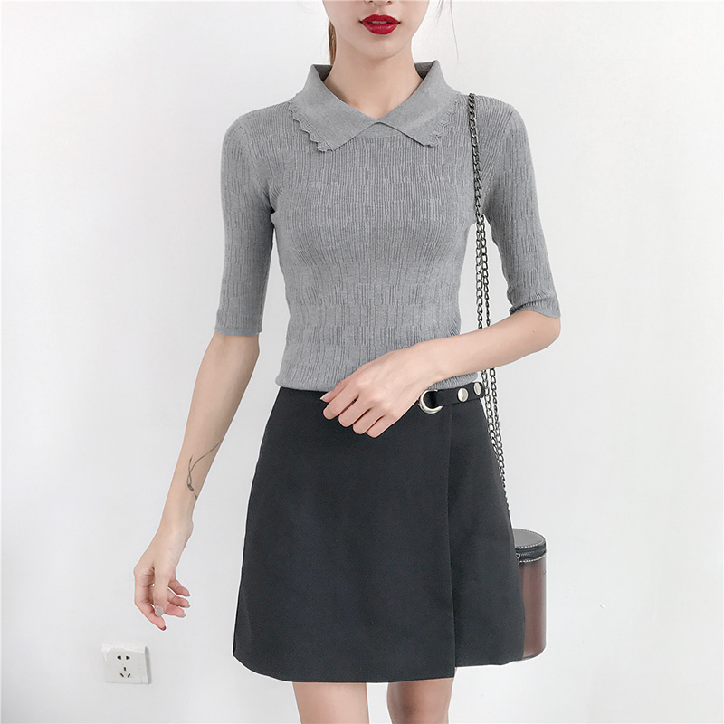 2020 new summer short sweater female sleeve head square neck loose sleeve shirt conditioning thin sweater shirt alx