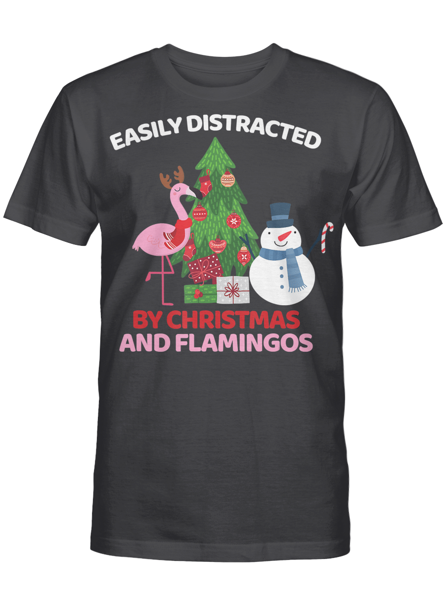 AmazeStyleZ Santa’s Reindeer, Ugly Christmas Sweater, Christmas Gift Ideas, Easily Distracted By Christmas And Flamingos Snowman Funny T-Shirt