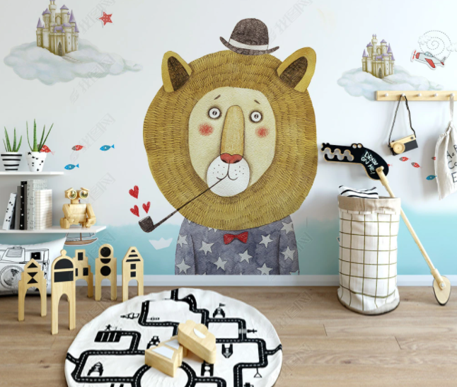 3D Hand Drawn Cartoon Animal Lion Fish Building Castle Airplane Kids Wall Mural Wallpaper Lll 2682