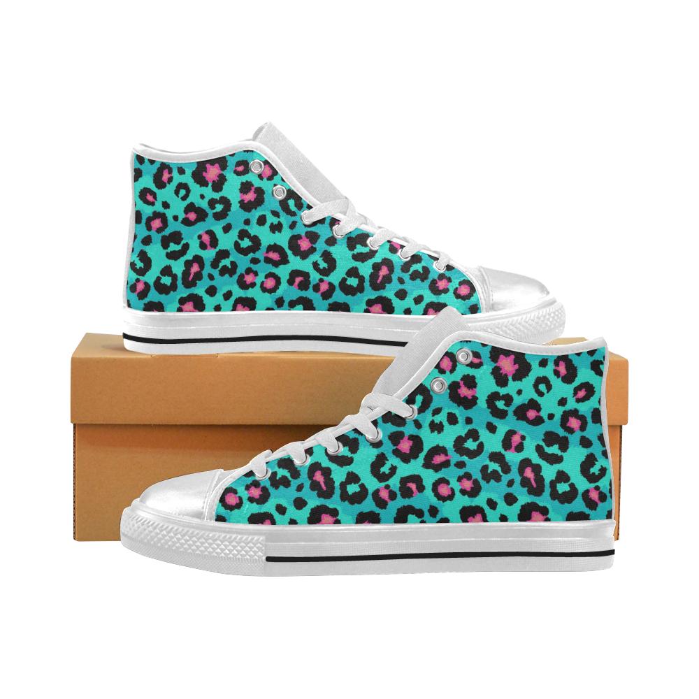 Green leopard skin print pattern Women’s High Top Shoes White