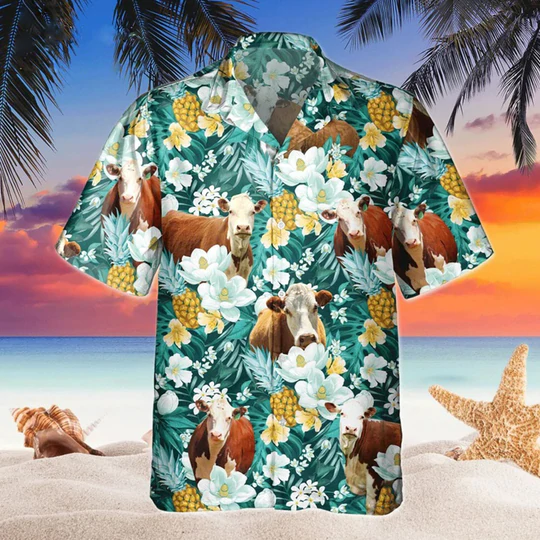 Hereford Floral Hawaii Beach Shirt For Farm Animal Lovers Ha111278