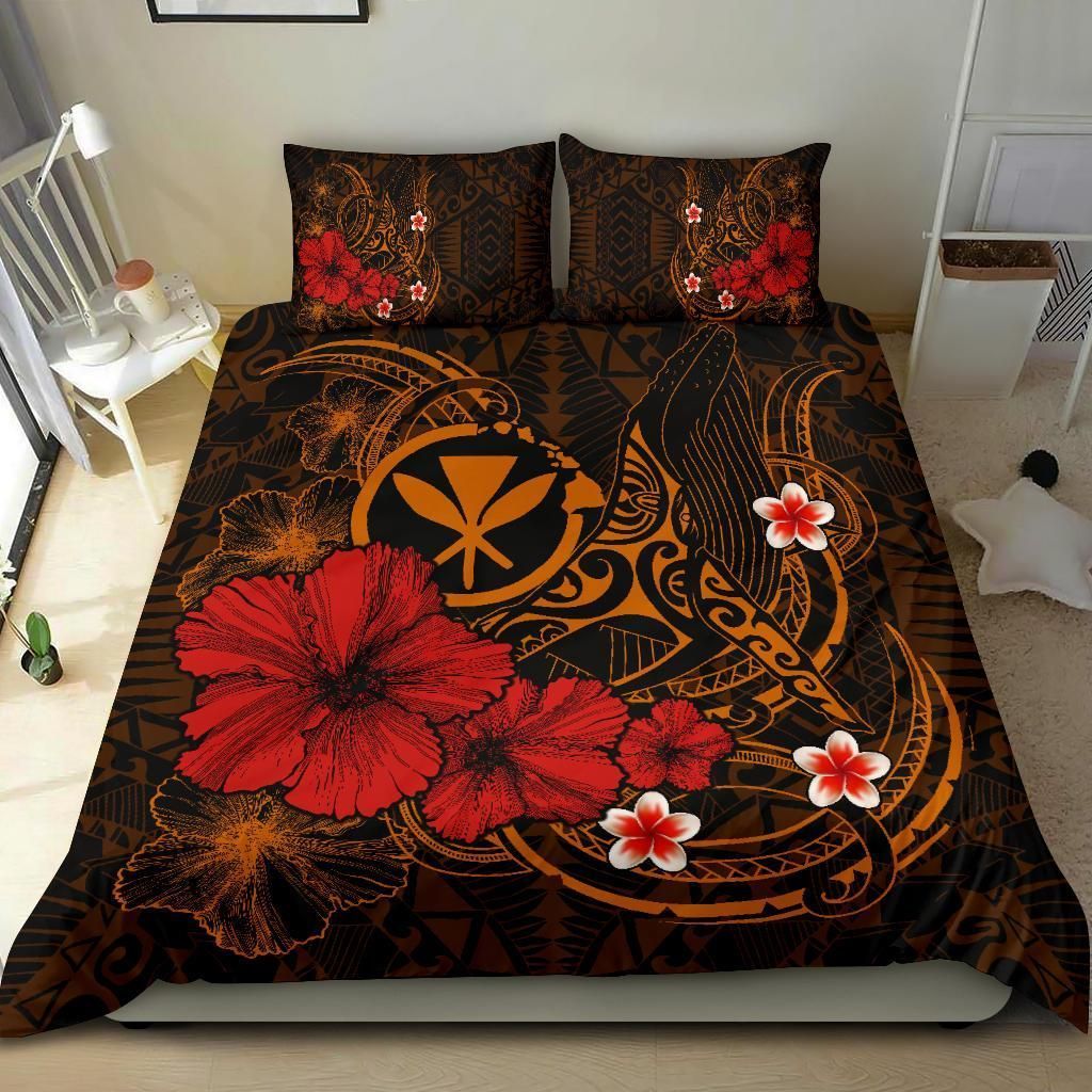 Alohawaii Bedding Set – Cover And Pillow Cases Polynesian Hawaii  Kanaka Maoli – Humpback Whale With Hibiscus (Golden) – Bn15