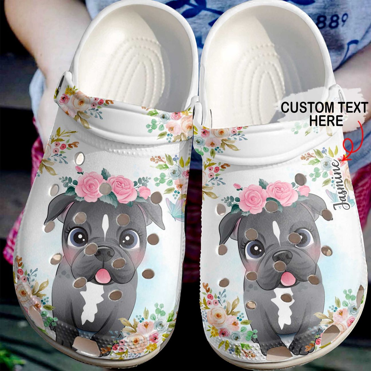 Pitbull Personalized Clog, Custom Name, Text Floral Puppy, Fashion Style For Women, Men, Kid, Print 3D