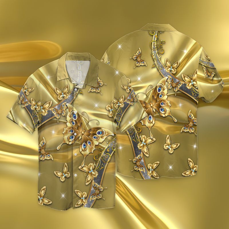 Golden Butterflies For Men And Women Graphic Print Short Sleeve Hawaii Casual Shirt Ha44001