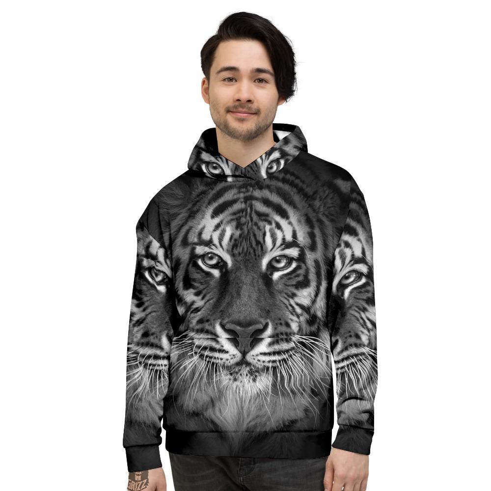 White Bengal Tiger Monochrome Print Men’S Hoodie