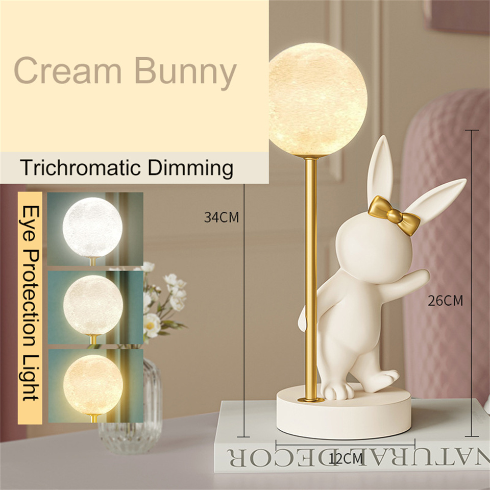 Nordic Resin Rabbit Lamp Moon Light Luxury Table Nightlight Decoration Bedroom Pink Bunny Dimmable Led Friendship Lamps Ledes alx