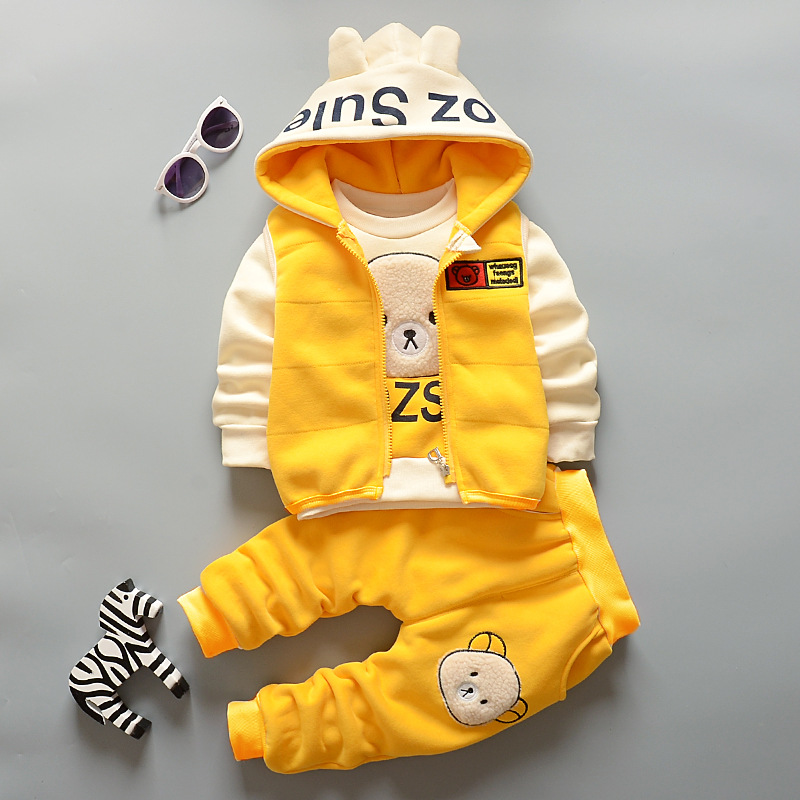 2022 Baby Boy Clothes Autumn Winter Pure Cotton Thick Warm Casual Hooded Sweater Cartoon Cute Bear 3 Pcs Baby Girl Suit 0-4Years alx