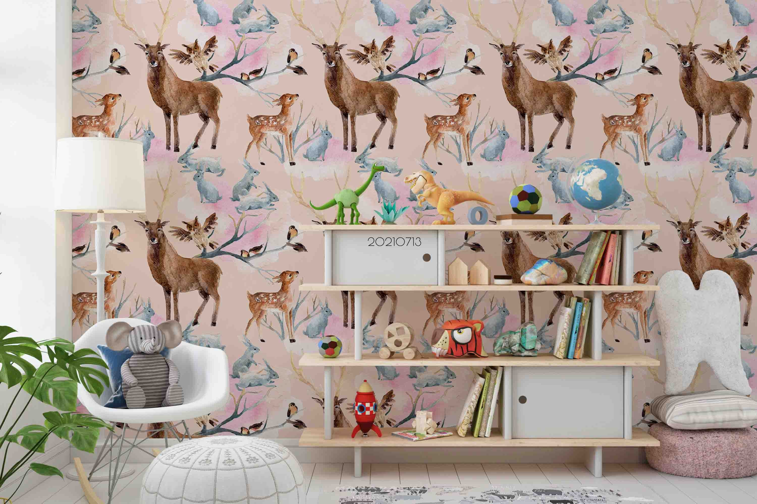 3D Hand Drawn Animal Elk Rabbit Bird Wall Mural Wallpaper Lqh 150