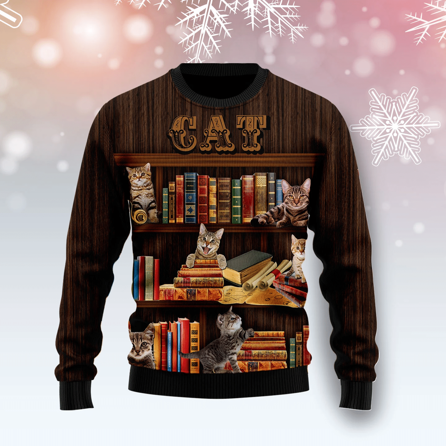 Cat Bookcase Christmas Ugly Sweater