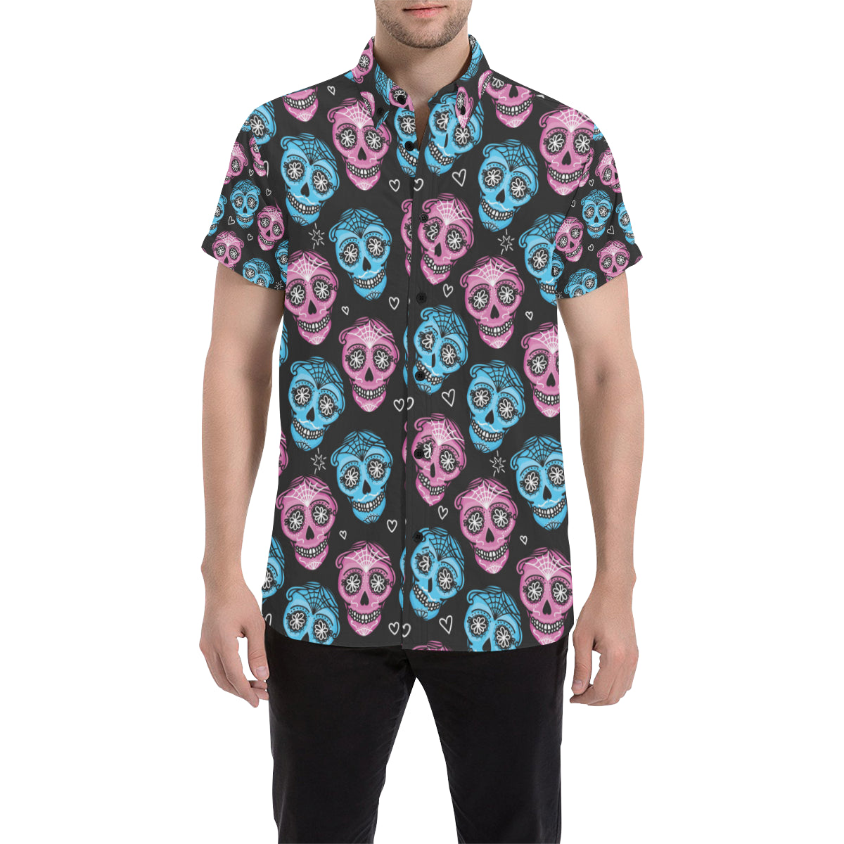 Day Of The Dead Skull Print Pattern Men Button Up Shirt – Skull Art Prints